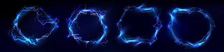 Electric energy frame with glowing blue lightning bolts and neon thunder effect, realistic vector...