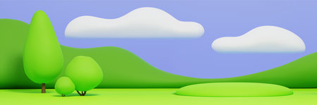 Cute 3D kids park background with green grass hills, blue sky with white fluffy clouds and podium...