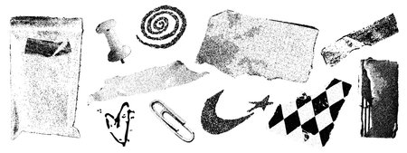 Grunge photocopy set of paper pin and clip, ripped notebook page, crime evidence bag, old dirty stickers, heart and spiral signs isolated on white background. Vintage vector realistic illustrationのイラスト素材