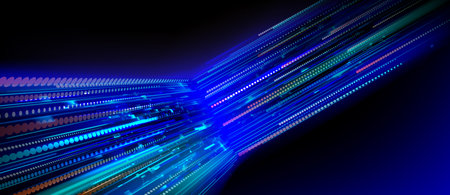 Speed data flow with neon blue lines and glowing particles, abstract vector background. Network dot...