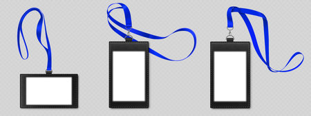 Id badge mockup with blank white paper, black leather card holder and blue lanyard, realistic vector...