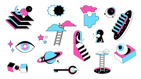 Surreal geometric door to psychedelic space, vector icons isolated on white background. Abstract...