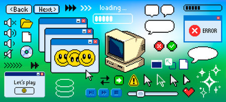 Retro pixel art computer Y2K aesthetic icons, cartoon vector illustration. Colorful 8-bit ui...