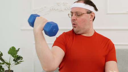 Fat man doing exercise with dumbbells in one hand and eating burger in other hand. Healthy vs...