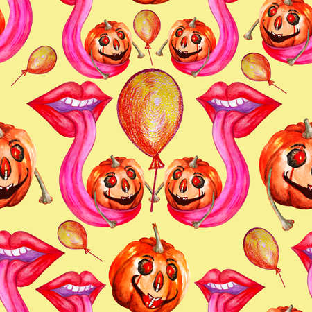 Mega popular Halloween seamless pattern. Halloween pumpkin cheerful with smile, happy face and lips with tongueの写真素材