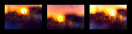 Set of blurry abstract sunset photos. Sun and sky, beautiful twilight, rainy weather.
