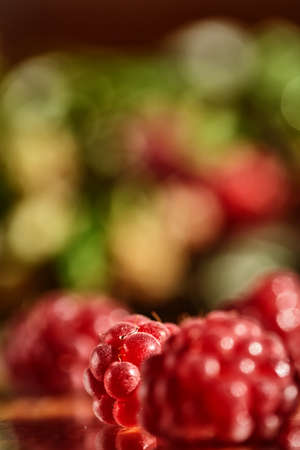 Blurred background red raspberries and green leaves. Abstract multicolored bright background with raspberries.の写真素材