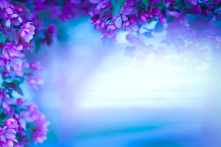 Blurred floral background. Spear space for your text, design. Beautiful flowering branches with pink...