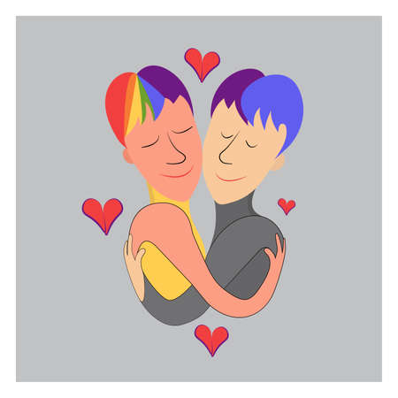 Gay relationship. LGBT couple and portrait of cute young people hugging each other. Couple of romantic partners on a date.のイラスト素材