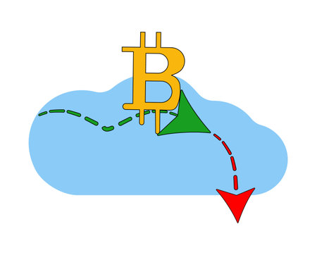 Energy consumption design. Bitcoin concept. Bitcoin Cloud technology. Virtual money. Bitcoin stock graph. Bitcoin Cloud technology. Cloud with bitcoin coin, cryptocurrency, blockchain flat color icon.のイラスト素材