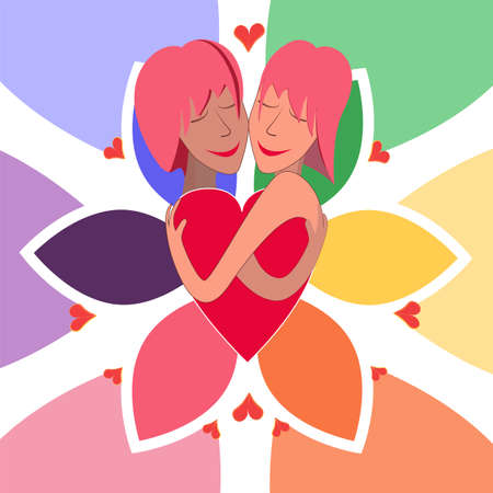 LGBT couple. Cute young girls with pink hair hugging each other. Cartoon character of young gay couple hugging, romantic and Valentine's day concept. Pride month. Flat vector illustration.のイラスト素材