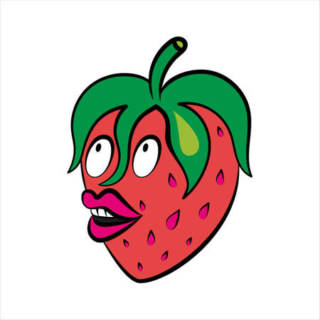 Strawberry surprised cute character illustration. Flat vector illustration of strawberry isolated on white background. Strawberry with big lipsのイラスト素材