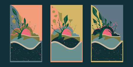 Abstract modern landscape posters. Modern background with trees, wall decor.のイラスト素材