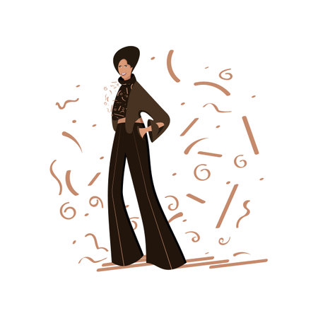 A beautiful woman of fashion smiles in full growth in wide trousers. Full-length portrait of a European woman.のイラスト素材