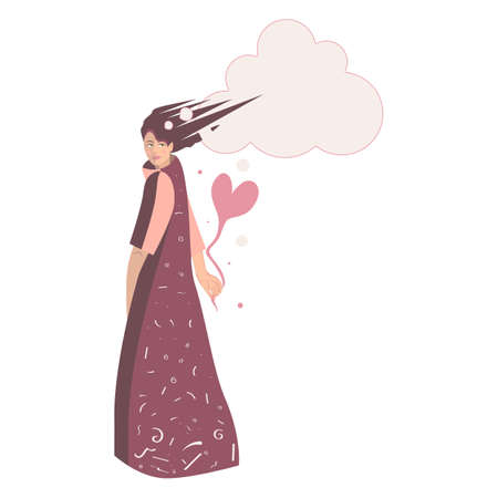 Girl with thoughts and heart in hand. Woman and thought bubble.のイラスト素材