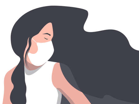 Woman wearing face mask because of Air pollution or virus epidemic. The girl looks around sadly. Sadness and illness concept.のイラスト素材