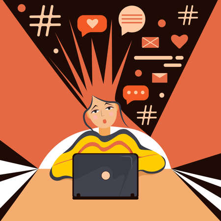 Girl online. The girl works online, from which her hair stands on end. Young girl with laptopのイラスト素材