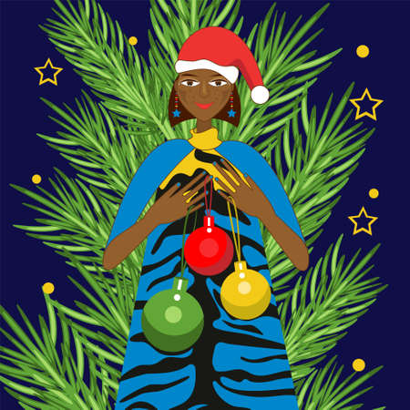 Christmas tree and dark-skinned girl holding Christmas balls. Blackskin young woman smile Christmas New Years celebration.のイラスト素材