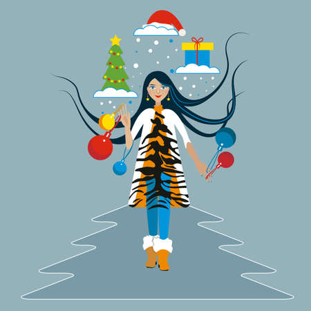 Smiling young girl in a tiger print dress with Christmas balls. The girl thinks about meeting the New Year, about Christmas.のイラスト素材