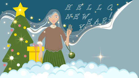 Smiling young girl waving her hand and text Hello New Year, Girl thinking about meeting New Year, about Christmas. Happy New Year. Merry Christmas.のイラスト素材