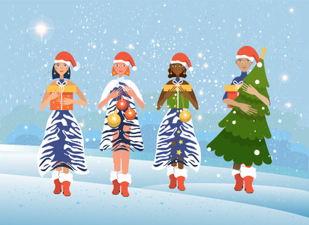 Cute young people in Santa Claus hats. Winter snowy background, Christmas celebration concept.Three girls and a boy are ready for the New Year, Christmas.のイラスト素材