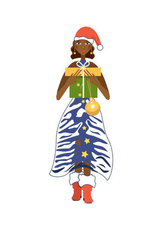 Cute dark skinned girl in a Santa Claus hat. Christmas and New Year 2022 celebration concept. Girl in a tiger print dress.のイラスト素材