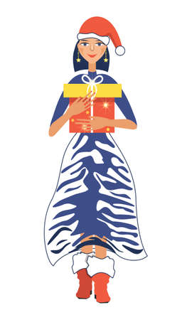 Pretty girl in Santa Claus hat. Cartoon girl holding a gift box in her hands.Christmas and New Year 2022 celebration concept. Girl in a tiger print dress.のイラスト素材