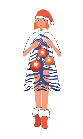Cute red-haired girl in Santa Claus hat. A cute girl holds Christmas balls in her hands. Christmas and New Year 2022 celebration concept. Girl in a tiger print dress.のイラスト素材