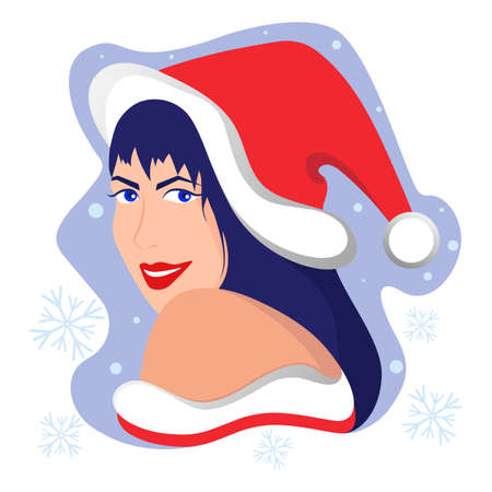 Christmas face. Cute girl in Santa Claus hat smiles. Beautiful female model wear santa hatのイラスト素材