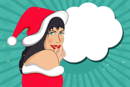Pop art, Christmas face. Sexy joyful surprised woman in Santa Claus hat, speech bubble. party invitation.のイラスト素材