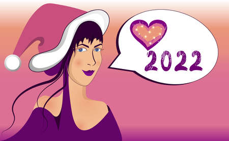 Joyful woman in Santa Claus hat, speech bubble. New year number 2022 and heart. Concept of love in the new year.のイラスト素材