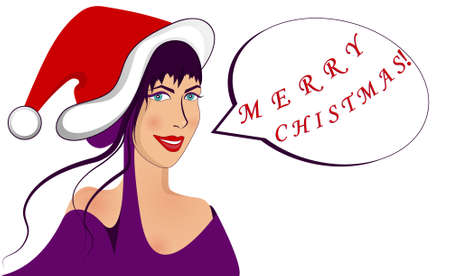 Pop art, New Year's face. Sexy joyful woman in Santa Claus hat, speech bubble with text Merry Christmas. Party invitation.の写真素材