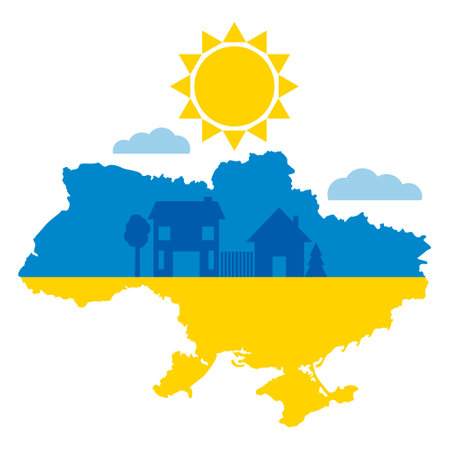 Ukraine map colored in colors of Ukraine flag with houses,trees,sun and clouds. Peace concept.のイラスト素材