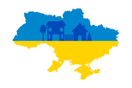 The map of Ukraine is colored in the colors of the flag of Ukraine with houses, trees, the concept of the world, motherlandのイラスト素材