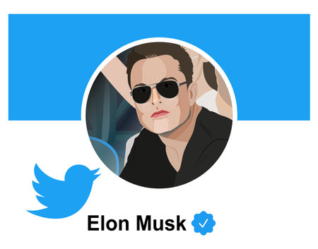 April 11, 2022 This illustration shows the Twitter logo and Elon Musk's Twitter profile photo.のeditorial素材