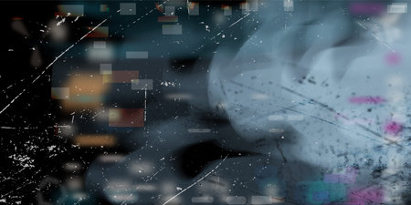 Abstract dark grunge background with blue nebula, many multicolor spots and grunge shapes.
