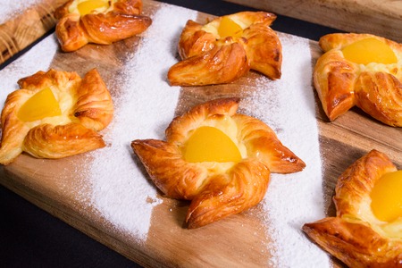 fresh homemade bakery with fruits and topping, flat viewの写真素材