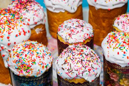 Easter sweet cakes with crumbs and frosting. Russian orthodox easter bread paskaの写真素材