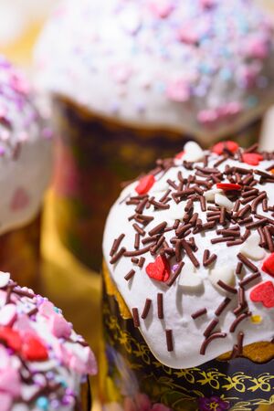 Easter sweet cakes with crumbs and frosting. Russian orthodox easter bread paskaの写真素材