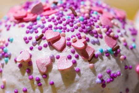 Closeup of Easter sweet cake with crumbss and frosting. Russian orthodox easter bread paska