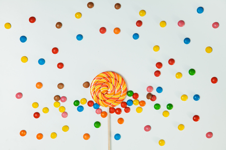 Chocolate Candy Lollipop White Background Lay Flat Sweet Love concept Top View Minimal  Patternの写真素材