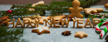 Christmas new year background greeting card gingerbread candy fir tree cones cinnamon holiday concept wide bannerの写真素材