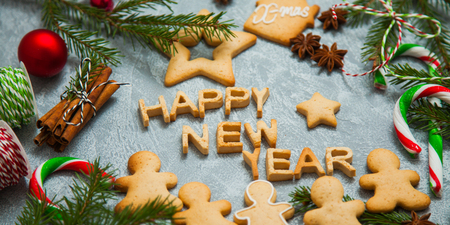 Christmas new year background greeting card gingerbread candy fir tree cones cinnamon holiday conceptの写真素材