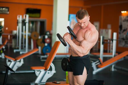 Bodybuilder at well-equipped gym lifting heavy dumbbells. Muscular athlete exercise on biceps. Healthy, active lifestyle concept. Copyspace for text.の写真素材