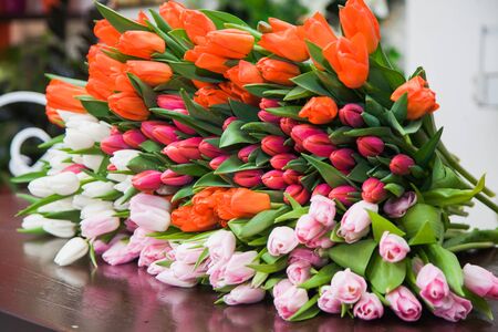 A huge multicolor bouquet of tulips lay on table. A bright background of spring flower blossoms. Floristics and holiday preparation. Floral design conceptの写真素材
