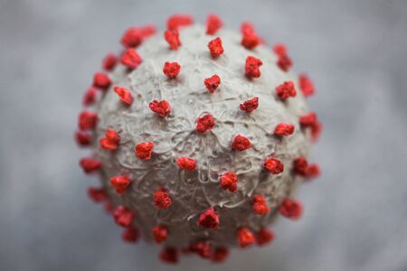 Creative photo of coronavirus sphere 3d model. Closeup macro shot of microscopic virus covid-19 molecule. Helthcare and medical concept. Selective focusの写真素材
