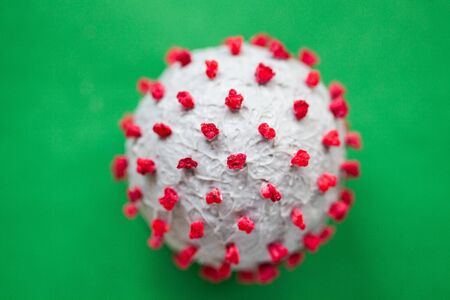 Creative photo of coronavirus sphere 3d model. Closeup macro shot of microscopic virus covid-19 molecule. Helthcare and medical concept. Selective focusの写真素材