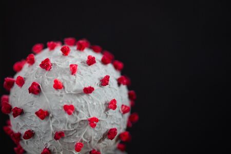 Creative photo of coronavirus sphere 3d model. Closeup macro shot of microscopic virus covid-19 molecule. Helthcare and medical concept. Selective focusの写真素材