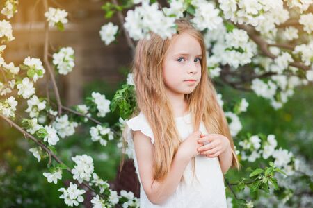 Beautiful preteen girl with long blond hair enjoy spring apple blooming. Little preschool girl in garden tree flowers. Copy space for text.の写真素材