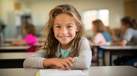10 years old smiling school girl sitting in classroom.の素材